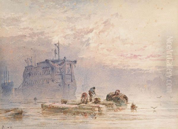 A Breezy Day With Fisherfolk On The Foreshore; And Hulks At Anchor, Sunset - view 1