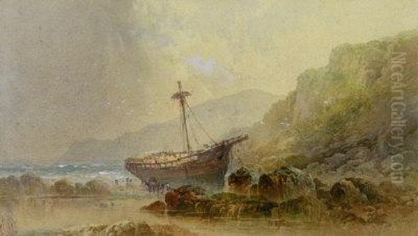 Salvagers At Work On A Beached Sailing Ship - view 1