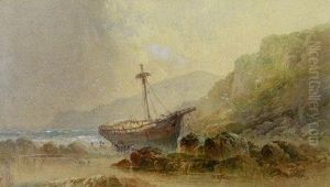 Salvagers At Work On A Beached Sailing Ship