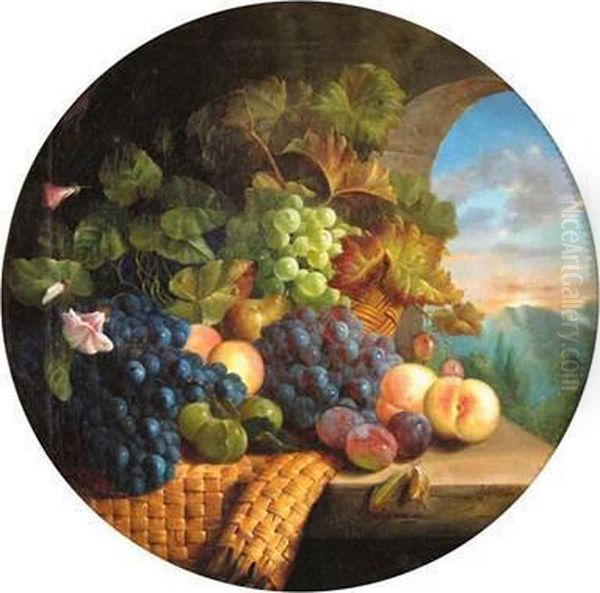Still Life Of Grapes, Vines And Fruit On A Ledge - view 1