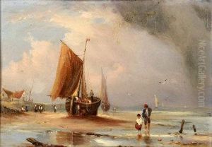 Dutch Fishing Vessel Drying Its Sails On The Beach