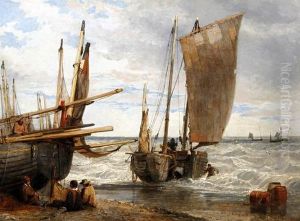 Fishing Vessels And Fishermen On The Shore by Edward William Cooke