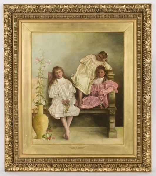 Three Young Girls With Flowers Resting On A Bench - view 1