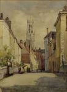 Bruges Street Scene With Figures On A Bridge by May Louise Greville Cooksey