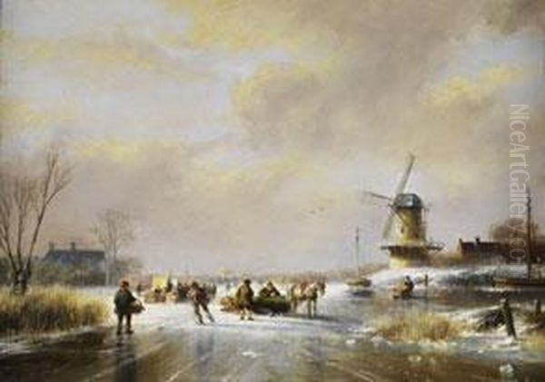 Pferdeschlitten Und Eislaufer In Weiter Polderlandschaft - view 1