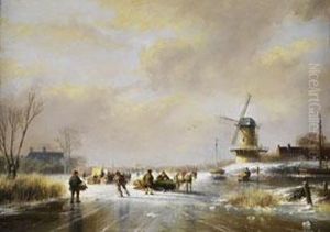 Pferdeschlitten Und Eislaufer In Weiter Polderlandschaft