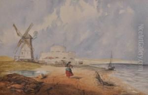 Coastal Scene With A Windmill by Hubert Coop