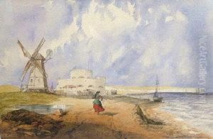 Coastal View With A Windmill And Fortifications by Hubert Coop