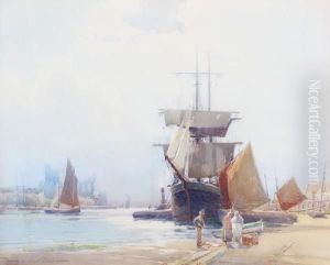 Two Masted Vessel And Tug Boat At Aquayside by Hubert Coop