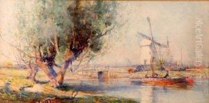 River Scene With Figures In A Boat By A Mill by Hubert Coop