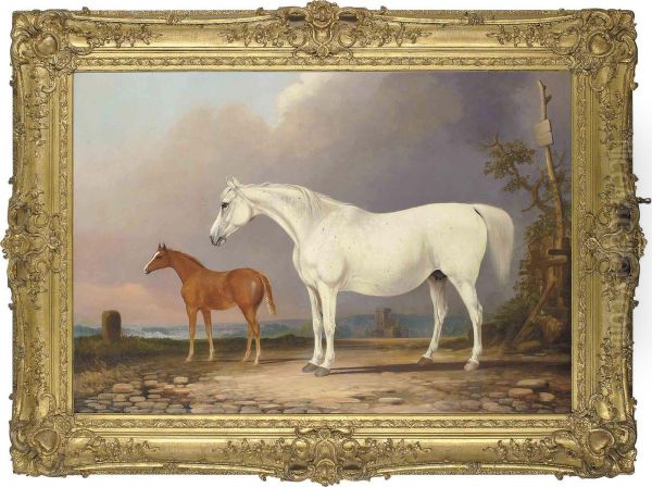 A Grey Mare And Her Chestnut Foal, In An Extensive Landscape - view 1