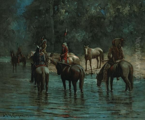 Indians Fording A Stream At Twilight - view 1
