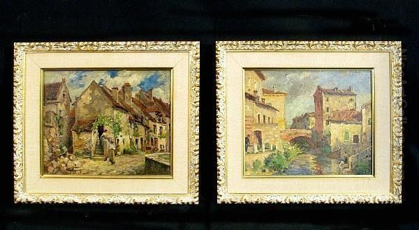 A Village Street Scene; A Village Canal Scene (a Pair) - view 1
