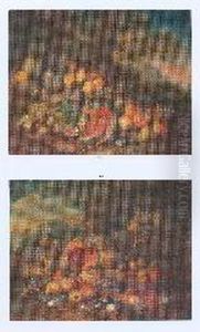 Uva, Pere, Meloni, Pesche, Prugne Su Basamento In Pietra E Sfondo Di Paesaggio Uva, Pere, Meloni, Pesche, Prugne Su Basamento In Pietra E Sfondo Di Paesaggio