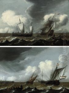 A Dutch Schooner, A Man-o'-war, And A Fishing Boat In Stormy Seas by Pieter Jansz. Coopse