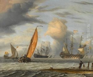 Dutch Vessels In Choppy Seas, A Fisherman Onthe Shore In The Foreground by Pieter Jansz. Coopse
