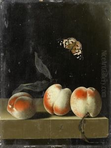 Three Peaches On A Stone Ledge With A Red Admiral Butterfly by Adriaen Coorte