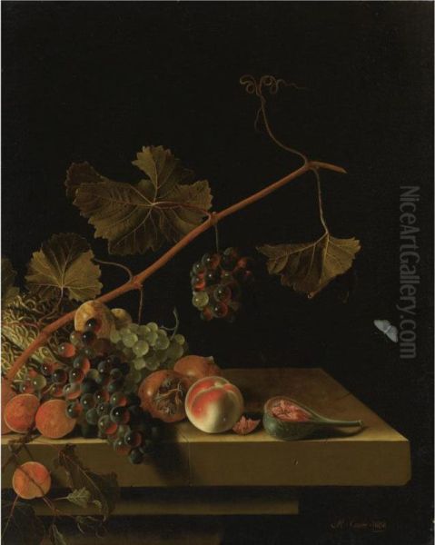 Still Life Of A Vine Twig With Grapes, Peaches, Apricots, Medlars, A Melon And A Halved Fig, Resting On A Stone Ledge - view 1