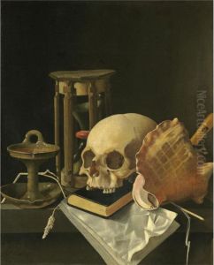 A Vanitas Still Life, With A Skull, An Hourglass, An Oil Lamp, Aconch Shell, A Closed Book, A Recorder, A Musical Score, Togetherwith Some Scattered Ears Of Corn, All Upon A Stone Ledge by Adriaen Coorte