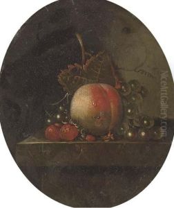 A Peach, Grapes On The Vine, Strawberries And Blueberries On A Stone Ledge by Adriaen Coorte