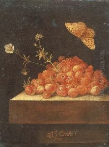 Stawberries In A Pot On A Stone Ledge With A Butterfly by Adriaen Coorte