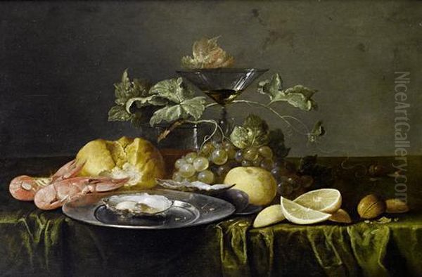 A Still Life Of Prawns, A Bread Roll, Anoyster On A Pewter Dish, A Glass Of Beer, A Wine Glass, Grapes,lemons And Walnuts On A Table Draped With A Green Cloth by Alexander Coosemans