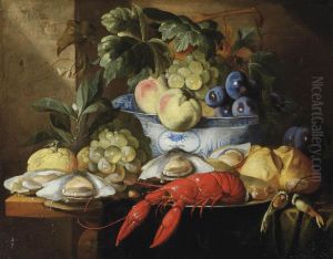 A Lobster On A Plate, A Bread Roll, Oysters, Grapes, A Lemon And Aporcelain Bowl With Various Fruits by Alexander Coosemans