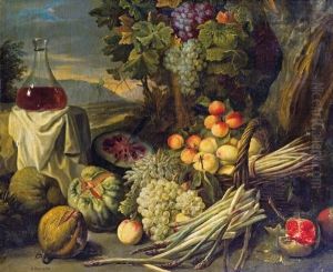 Stillleben Mit Fruchten, Spargel Und Einer Weinkaraffe