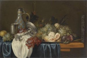 Still Life With Bunches Of Grapes, Peaches And Figs On A Pewter Dish, Together With A Silver Beaker And Tazza, A Wine Glass, A Flute And A Stoneware Jug, On A Table Draped With Blue And White Cloths by Alexander Coosemans