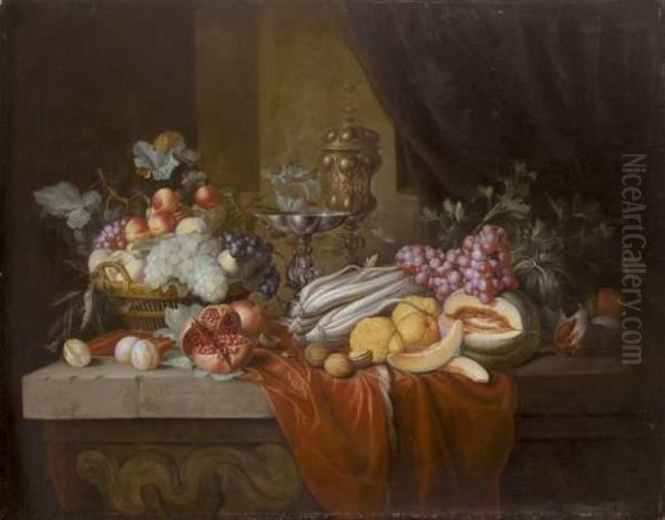 Nature Morte De Fruits, Legumes Et Pieces D'orfevrerie Sur Un Entablement De Pierre - view 1