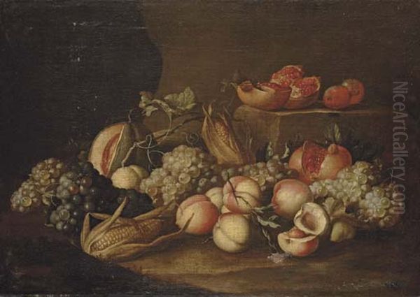 Peaches, Grapes, Corn On The Cob, Pomegranates And A Melon On A Stone Floor - view 1