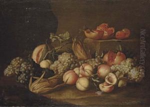 Peaches, Grapes, Corn On The Cob, Pomegranates And A Melon On A Stone Floor Peaches, Grapes, Corn On The Cob, Pomegranates And A Melon On A Stone Floor
