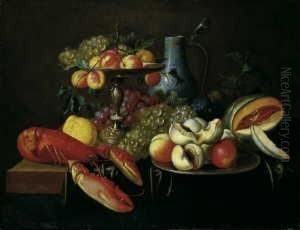 Fruchtestilleben Mit Silberner Tazza Und Einem Steinzeugkrug. by Alexander Coosemans