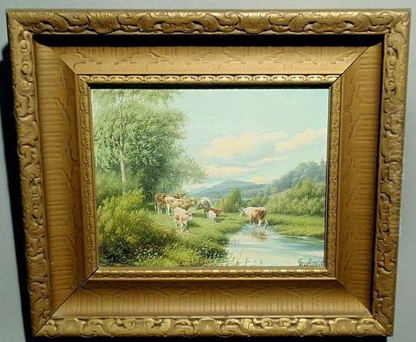 Landscape Painting, With Cows In A Stream Probably Chester County, Pennsylvania - view 1