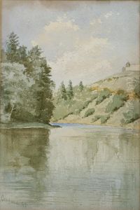 Landscape With Lake,watercolor, Signed And Dated '82 L/l