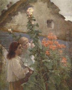 Young Woman Holding A Child Beside Hollyhocks