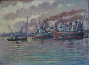 Cargos A Quai Dans Le Port Du Havre by Albert Copieux