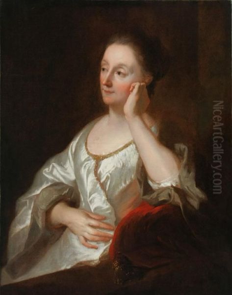 Portrait Of A Woman In A White Satin Dress - view 1