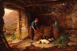Barn Interior With Young Lady And Ducks by C. Law Coppard