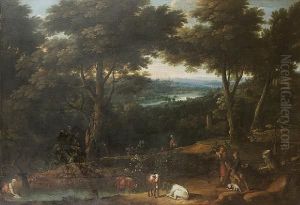 A Pastoral Landscape With Cowherds Restingwith Their Livestock In The Foreground, A Washerwoman At Apool