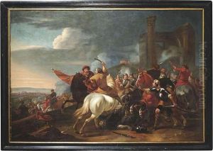 A Cavallery Skirmish Next To Roman Ruins. Oil/canvas/canvas