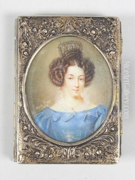 A Lady, Bust Length, Wearing A Blue Dress With White Lace Collar And A Tortoiseshell Comb In Her Brown Curled Hair - view 1