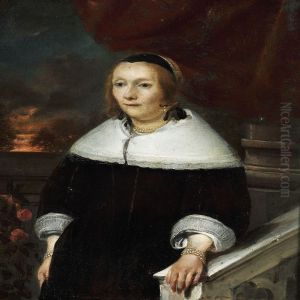 An Elegant Woman In A Black Dress With A White Collar Standing Near A Balustrade by Gonzales Cocques