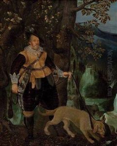 "schlosherr Mit Jagdhund Vor Landschaft"