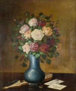Vaso Di Rose Con Ventaglio E Biglietto Da Visita by Gaston Corbier