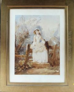 A Young Lady Seated On A Stile