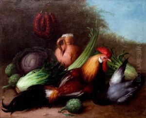 "bodegon Con Gallo, Jarra, Lechugas, Jarra Y Chorizo"