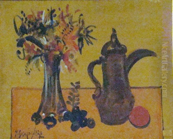 Nature Morte Au Bouquet De Fleurs Et A La Cafetiere - view 1