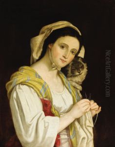 Portrait Of A Woman Knitting With A Cat