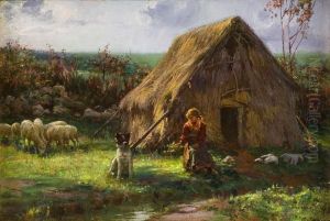Pastorella Con Gregge Presso Un Capanno by Augusto Corelli